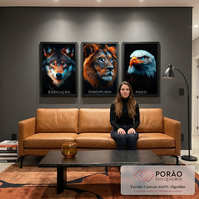 Quadro Decorativo Trio Inspirador Execução, Foco e Disciplina em sala de estar moderna - quadros decorativos para sala