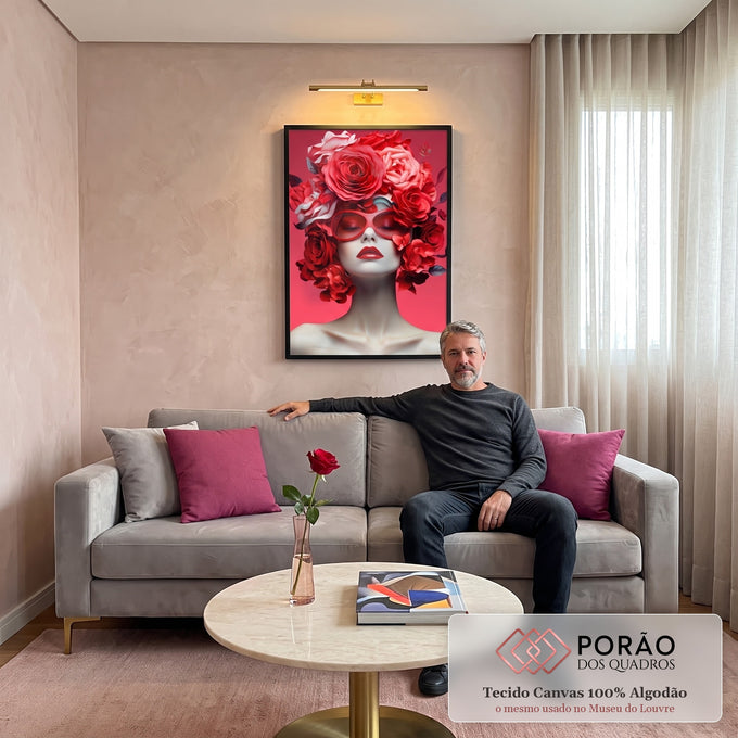 Quadro Decorativo Mulher com Flores em sala de estar moderna - quadros decorativos para sala