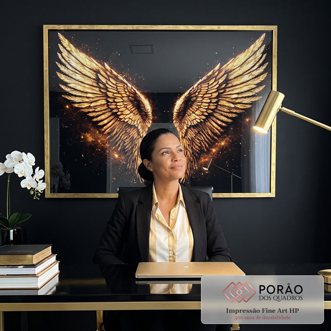 Quadro Decorativo Asas Douradas Elegantes em escritorio moderno - quadros decorativos para sala