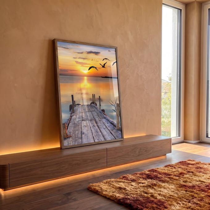 Quadro Decorativo: Inspirador Pôr do Sol no Cais em ambiente decorado - quadros decorativos para sala