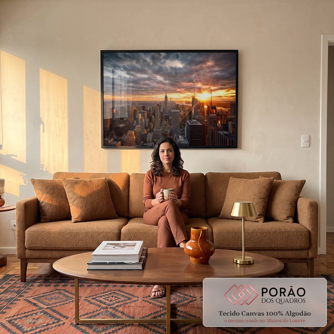 Quadro Decorativo Crepúsculo Urbano de Nova Iorque em sala de estar moderna - quadros decorativos para sala