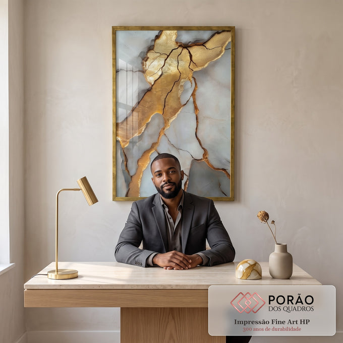 Quadro Decorativo Mármore com Detalhes em Dourado em escritorio moderno - quadros decorativos para sala
