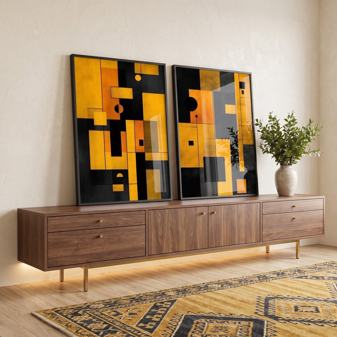 Quadro Decorativo Geométrico Preto e Amarelo em ambiente decorado - quadros decorativos para sala