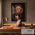 Quadro Decorativo Realeza Selvagem: Leão Dourado Único em escritorio moderno - quadros decorativos para sala