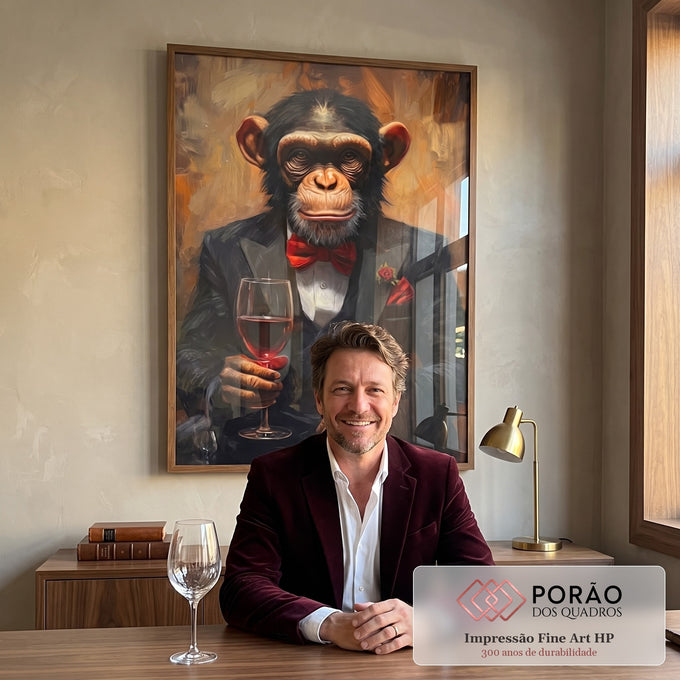 Quadro Decorativo Sofisticado Chimpanzé Elegante em escritorio moderno - quadros decorativos para sala