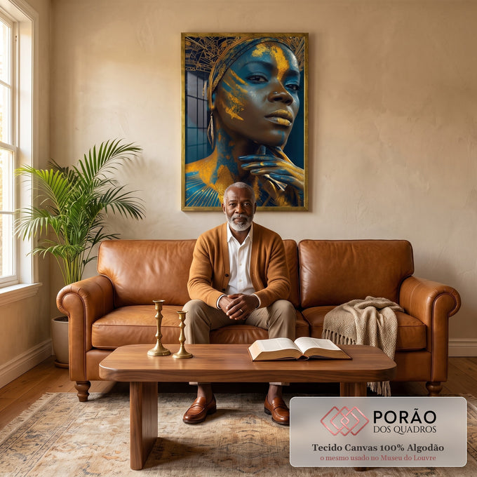 Quadro Decorativo Feminino Azul e Dourado - Poder e Beleza em sala de estar moderna - quadros decorativos para sala