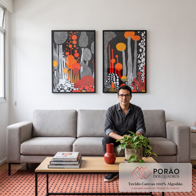 Quadro Decorativo Dupla Abstrata em Pontilhados em sala de estar moderna - quadros decorativos para sala