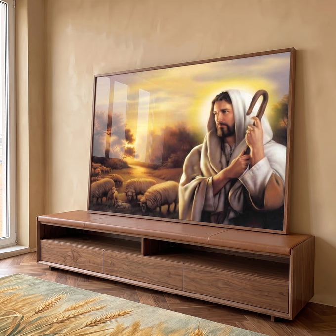 Quadro Decorativo: O Bom Pastor em Harmonia com a Natureza em ambiente decorado - quadros decorativos para sala