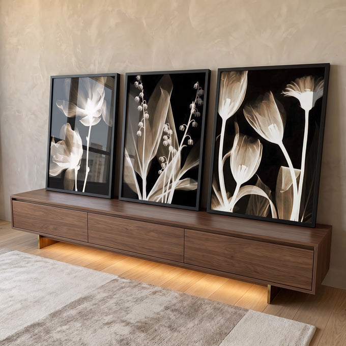 Quadro Decorativo Flores Monocromáticas: Elegância e Harmonia em ambiente decorado - quadros decorativos para sala