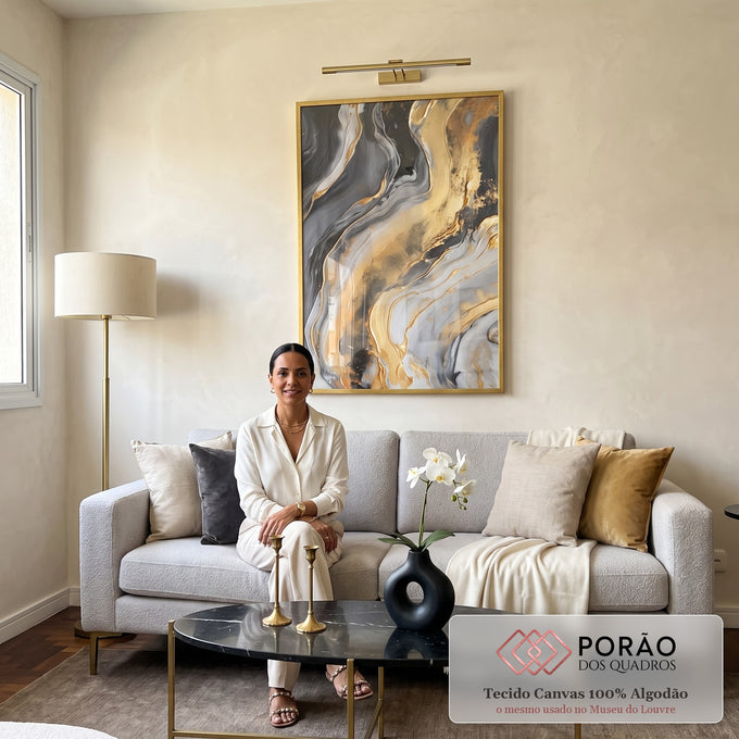 Quadro Decorativo Abstrato Golden: Luxo e Sofisticação em sala de estar moderna - quadros decorativos para sala