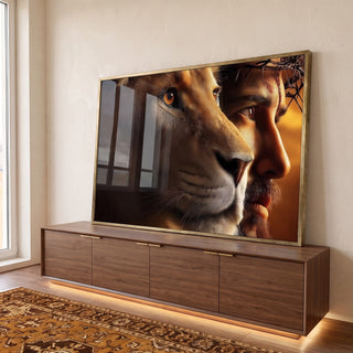 Quadro Decorativo Majestoso: Leão e Jesus Cristo em ambiente decorado - quadros decorativos para sala