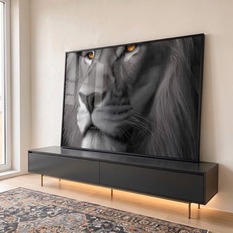 Quadro Decorativo - Leão em Preto e Branco em ambiente decorado - quadros decorativos para sala
