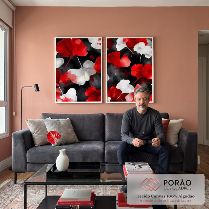 Quadro Decorativo Elegância Botânica em Vermelho e Branco em sala de estar moderna - quadros decorativos para sala