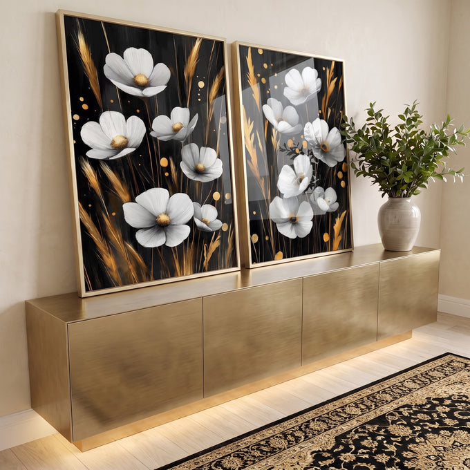 Quadro Decorativo Dupla Magnífica de Flores  Um Toque de Natureza em ambiente decorado - quadros decorativos para sala