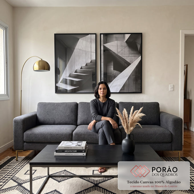 Quadro Decorativo com Escadaria Minimalista em Preto e Branco em sala de estar moderna - quadros decorativos para sala