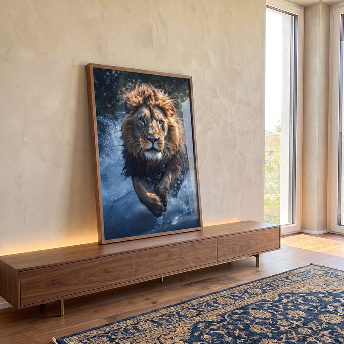 Quadro Decorativo Leão em Movimento: Arte Vibrante para sua Casa em ambiente decorado - quadros decorativos para sala