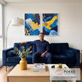 Quadro Decorativo Abstrato Azul e Amarelo Estilo e Sofisticação em sala de estar moderna - quadros decorativos para sala