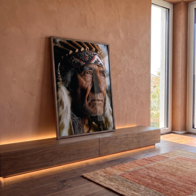 Quadro Decorativo - Retrato de Sabedoria Indígena em ambiente decorado - quadros decorativos para sala