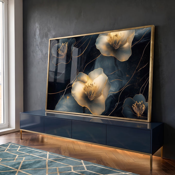 Quadro Decorativo Flores Surrealistas em Movimento Abstrato em ambiente decorado - quadros decorativos para sala