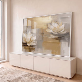 Quadro Decorativo Lótus Branca e Serenidade em ambiente decorado - quadros decorativos para sala