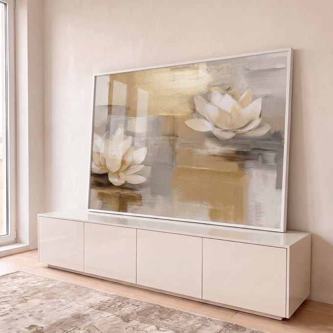 Quadro Decorativo Lótus Branca e Serenidade em ambiente decorado - quadros decorativos para sala