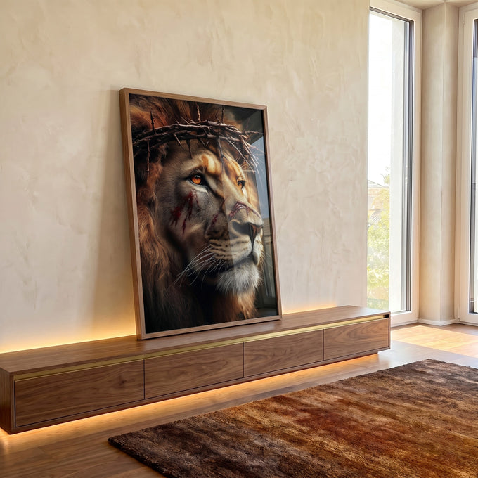Quadro Decorativo Poderoso Leão da Fé em ambiente decorado - quadros decorativos para sala