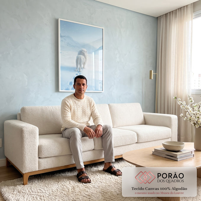 Quadro Decorativo Leão Branco na Neve em sala de estar moderna - quadros decorativos para sala