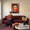 Quadro Decorativo Frida Kahlo: Magia e Rosa Vermelha em sala de estar moderna - quadros decorativos para sala