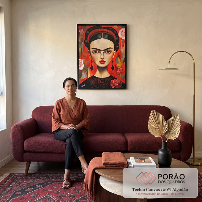Quadro Decorativo Frida Kahlo: Magia e Rosa Vermelha em sala de estar moderna - quadros decorativos para sala