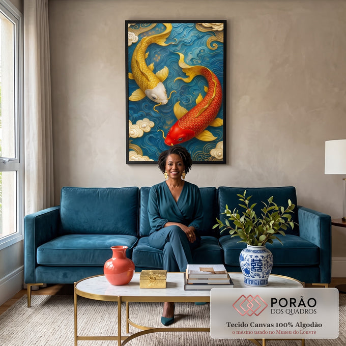 Quadro Decorativo Peixes Koi em Movimento em sala de estar moderna - quadros decorativos para sala