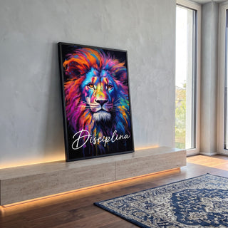 Quadro Decorativo Leão Disciplina em ambiente decorado - quadros decorativos para sala