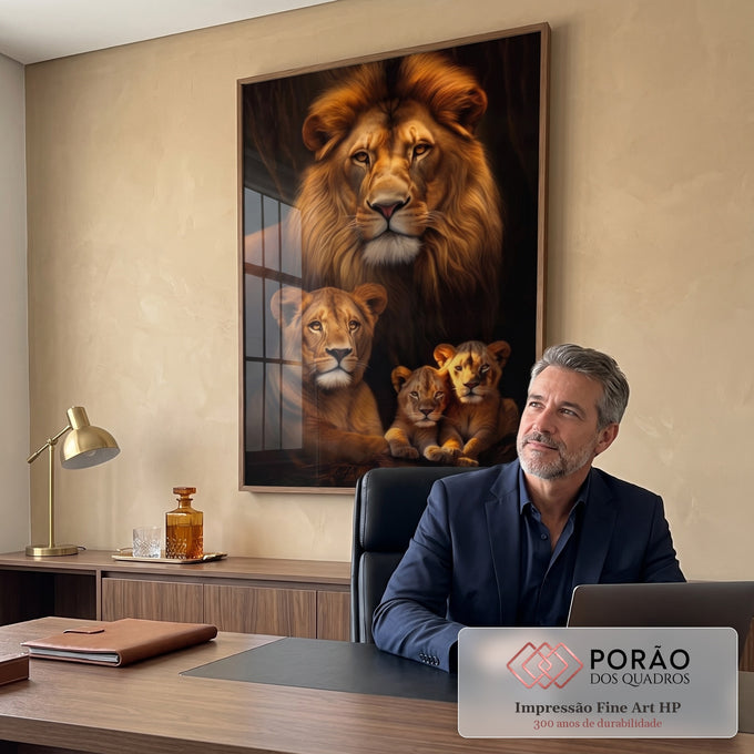 Quadro Decorativo Família de Leão com 2 Filhotes - Sofisticação e Estilo para Sua Decoração em escritorio moderno - quadros decorativos para sala