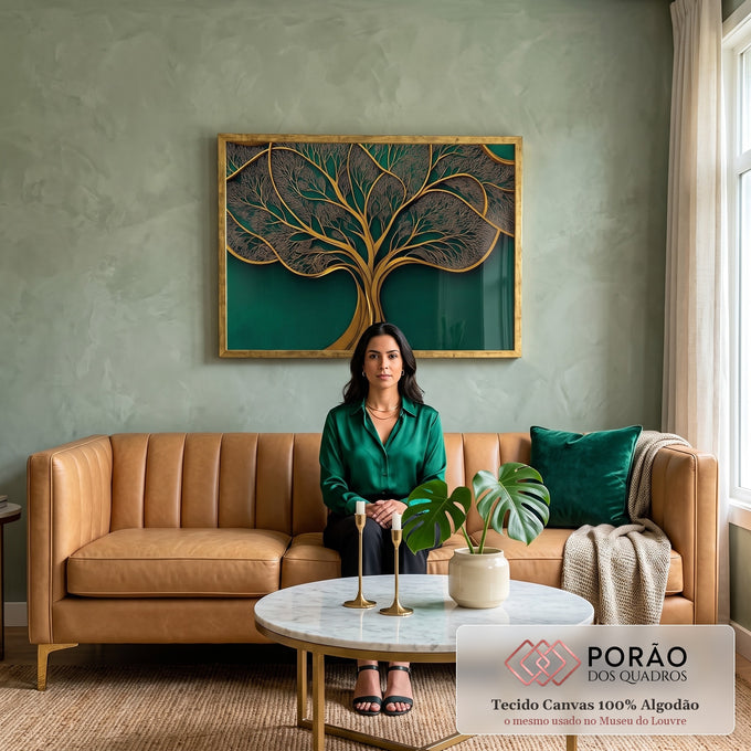 Quadro Decorativo - Árvore Dourada Elegante em sala de estar moderna - quadros decorativos para sala