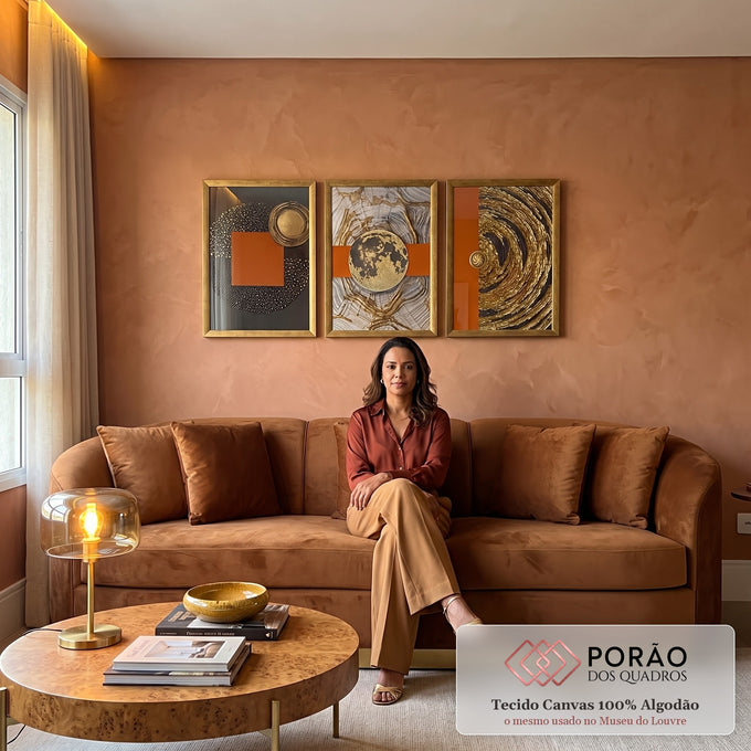Quadro Decorativo: Dinamismo Abstrato em Preto e Dourado em sala de estar moderna - quadros decorativos para sala