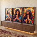 Quadro Decorativo Abstrato de Jesus, Maria e José em ambiente decorado - quadros decorativos para sala