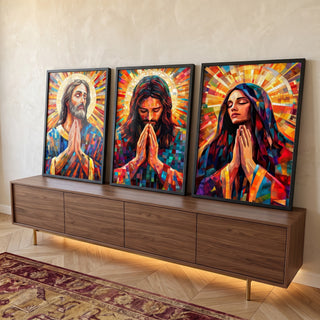 Quadro Decorativo Abstrato de Jesus, Maria e José em ambiente decorado - quadros decorativos para sala