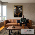 Majestade Dourada - Quadro Decorativo de Leão em Alto Contraste em sala de estar moderna - quadros decorativos para sala