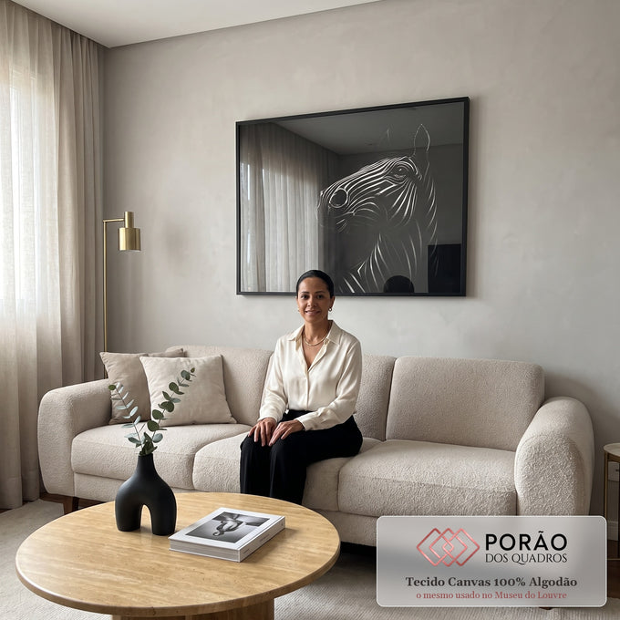 Quadro Decorativo Cavalo Moderno em Preto e Branco em sala de estar moderna - quadros decorativos para sala