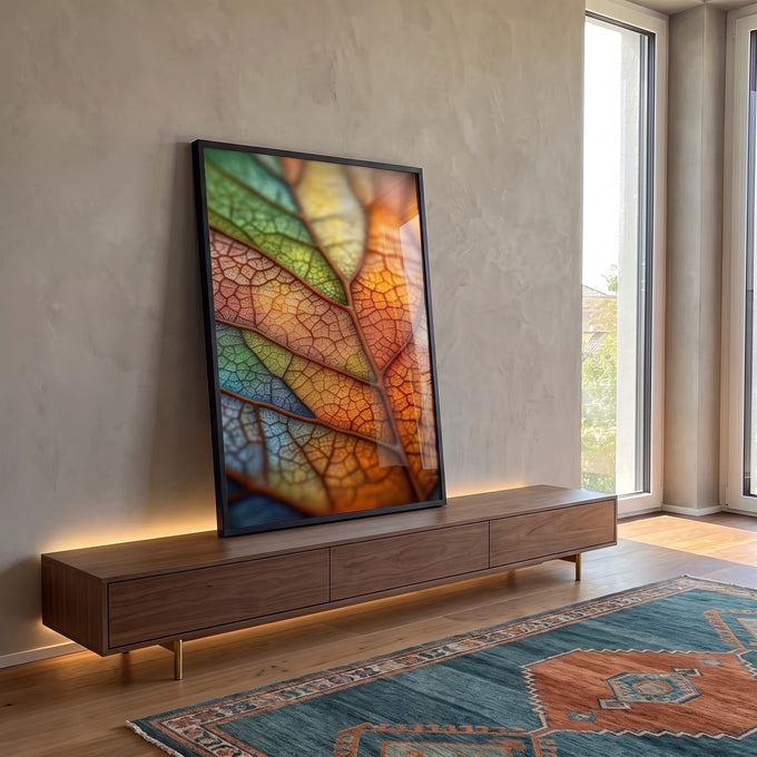 Quadro Decorativo Folhas Vibrantes em ambiente decorado - quadros decorativos para sala
