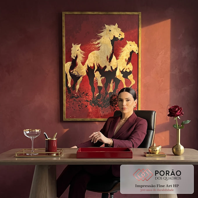 Quadro Decorativo Cavalos em Dourado em escritorio moderno - quadros decorativos para sala