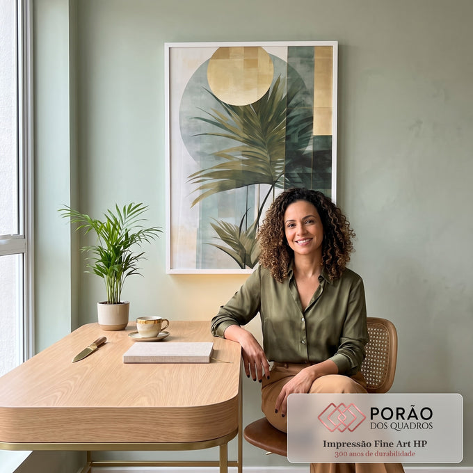 Quadro Decorativo Minimalista de Folhas Verdes - Elegância e Sustentabilidade em escritorio moderno - quadros decorativos para sala