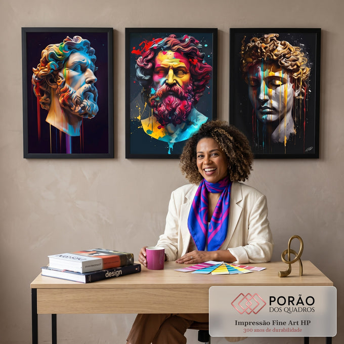 Quadro Decorativo Essência Clássica: Bustos Gregos Coloridos em escritorio moderno - quadros decorativos para sala