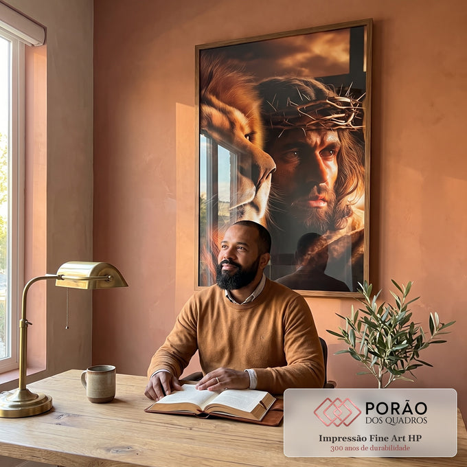 Quadro Decorativo Majestade e Sacrifício Leão de Judá em escritorio moderno - quadros decorativos para sala