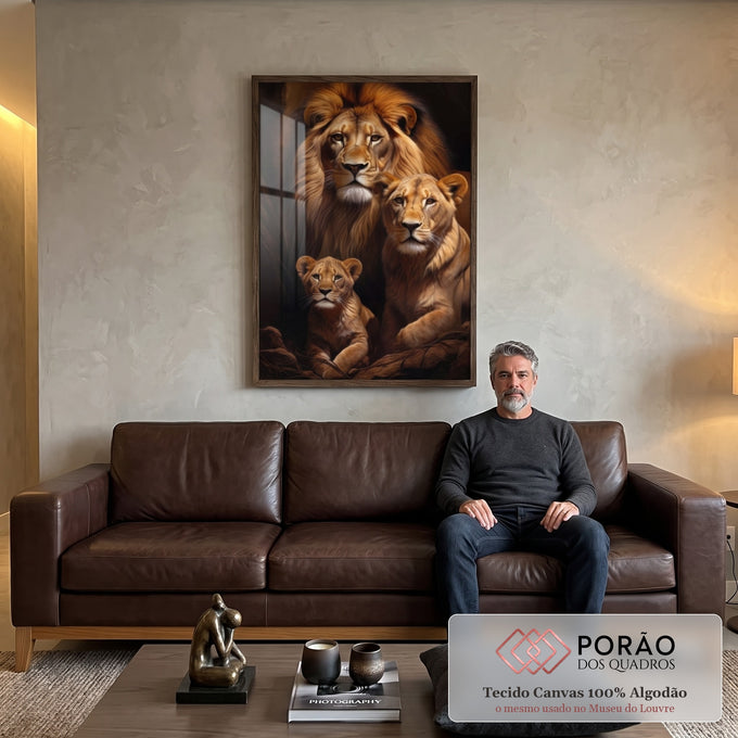 Quadro Decorativo Família de Leão com Filhote - Elegância e Sofisticação para sua Casa em sala de estar moderna - quadros decorativos para sala