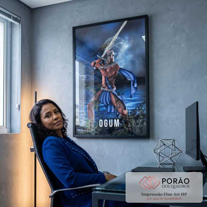 Quadro Decorativo Guerreiro Ogum ao Luar - Imponência Noturna em escritorio moderno - quadros decorativos para sala