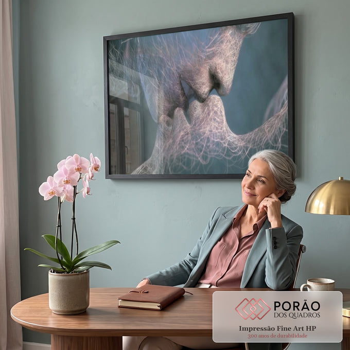 Quadro Decorativo Beijo Intenso: Amor e Paixão em Azul em escritorio moderno - quadros decorativos para sala