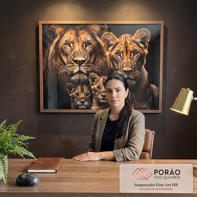 Quadro Decorativo Magnífica Família de Leões em escritorio moderno - quadros decorativos para sala