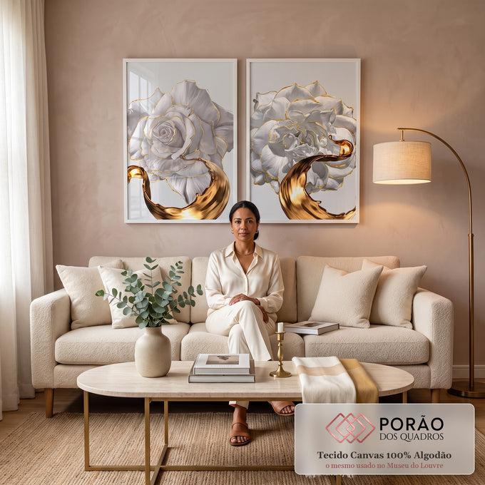 Quadro Decorativo: Sinfonia Floral em Tons Pastéis em sala de estar moderna - quadros decorativos para sala