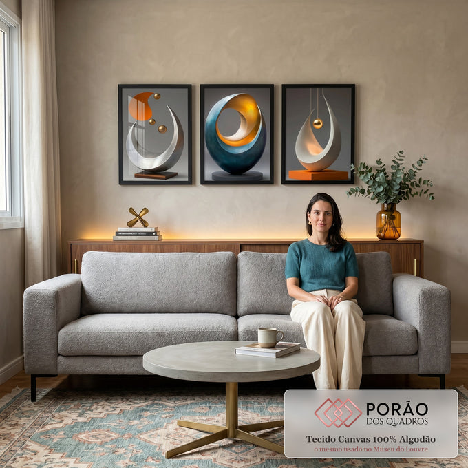 Conjunto Abstrato de Quadros Fluídos - Movimento e Elegância em 3 Peças em sala de estar moderna - quadros decorativos para sala