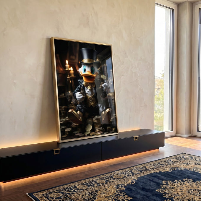 Quadro Decorativo Tio Pato: Moedas de Ouro - Elegância e Estilo para Sua Casa em ambiente decorado - quadros decorativos para sala
